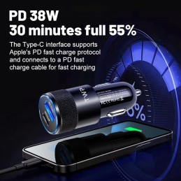 USB C Car Charger, 38W Dual Port PD 20W/QC3.0 Fast Charge Cigarette Lighter Adapter with LED for iPhone 15/14 Pro Max, Samsung