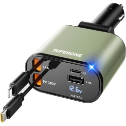 Upgraded SUPERONE Retractable Car Charger 4 in 1, Fast Car Phone Charger with Cord 2.6ft, USB C and Apple Car Charger Adapter,