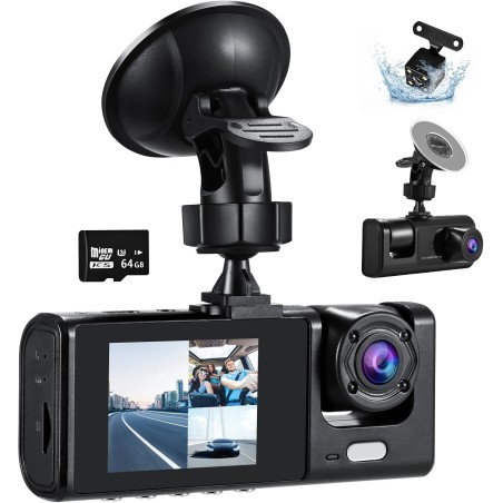 3 Channel Dashcam for Cars, Dash Cam Front and Rear Inside, Adjustable Lens Car Camera with 64GB Card, Car Accessories with