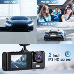 3 Channel Dashcam for Cars, Dash Cam Front and Rear Inside, Adjustable Lens Car Camera with 64GB Card, Car Accessories with