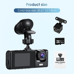 3 Channel Dashcam for Cars, Dash Cam Front and Rear Inside, Adjustable Lens Car Camera with 64GB Card, Car Accessories with