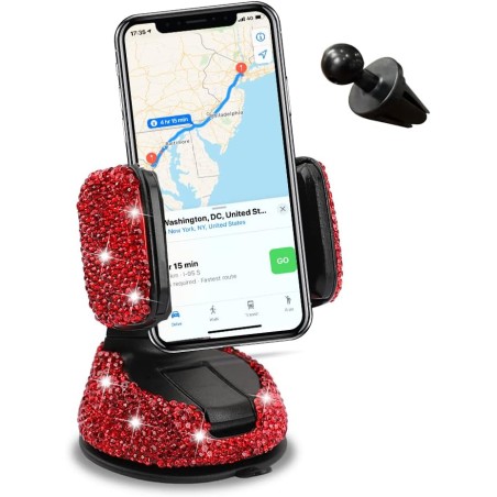 CGEAMDY Universal Bling Car Cell Phone Holder, 360°Adjustable Rhinestone Car Phone Mount with One More Air Vent Base, Crystal