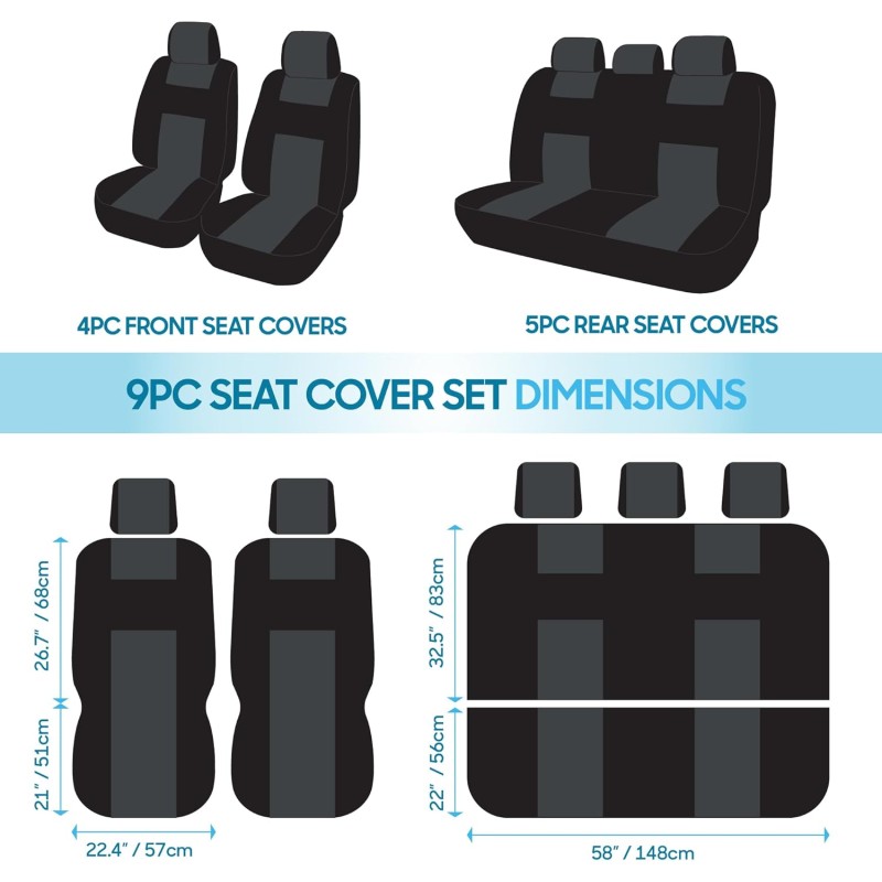 BDK PolyPro Car Seat Covers Full Set in Charcoal on Black – Front and Rear Split Bench for Cars, Easy to Install Cover Set,