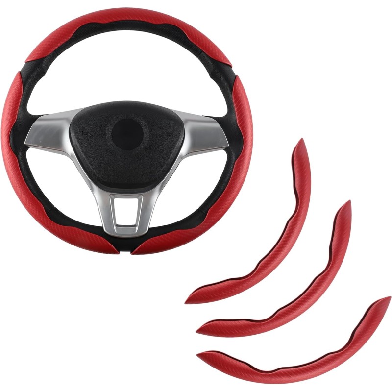 Amiss Carbon Fiber Anti-Skid Steering Wheel Protector, Segmented Butterfly Universal Wheel Cover, Car Interior Accessories (Red)