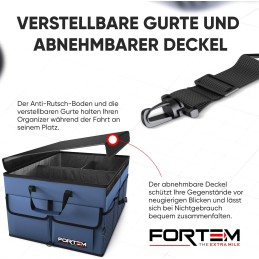 FORTEM Kofferraum Organizer, Kofferraumtasche, Zusammenklappbarer Auto Organizer Kofferraum mit Fächern, Rutschfester Boden,