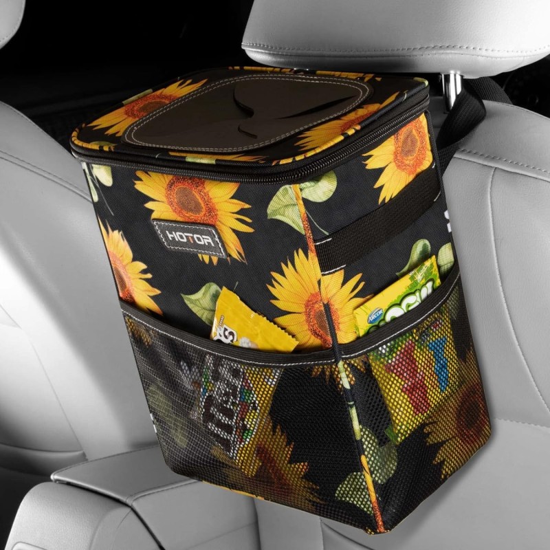 HOTOR Car Trash Can with Lid and Storage Pockets - 100% Leak-Proof Organizer, Waterproof Garbage Can, Multipurpose Trash Bin for