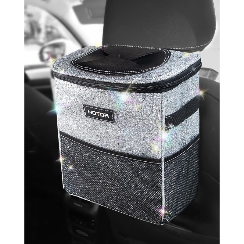 HOTOR Car Trash Can with Lid and Storage Pockets - 100% Leak-Proof Organizer, Waterproof Garbage Can, Multipurpose Trash Bin for