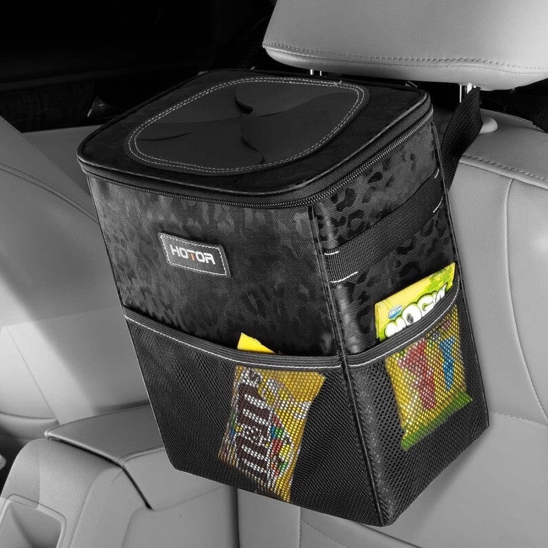 HOTOR Car Trash Can with Lid and Storage Pockets - 100% Leak-Proof Organizer, Waterproof Garbage Can, Multipurpose Trash Bin for