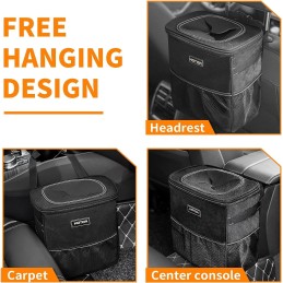 HOTOR Car Trash Can with Lid and Storage Pockets - 100% Leak-Proof Organizer, Waterproof Garbage Can, Multipurpose Trash Bin for