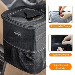 HOTOR Car Trash Can with Lid and Storage Pockets - 100% Leak-Proof Organizer, Waterproof Garbage Can, Multipurpose Trash Bin for