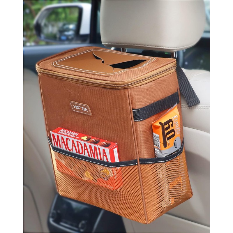 HOTOR Car Trash Can with Lid and Storage Pockets - 100% Leak-Proof Organizer, Waterproof Garbage Can, Multipurpose Trash Bin for