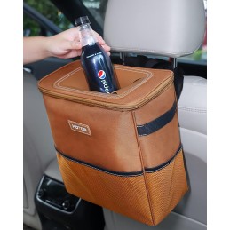 HOTOR Car Trash Can with Lid and Storage Pockets - 100% Leak-Proof Organizer, Waterproof Garbage Can, Multipurpose Trash Bin for