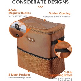 HOTOR Car Trash Can with Lid and Storage Pockets - 100% Leak-Proof Organizer, Waterproof Garbage Can, Multipurpose Trash Bin for