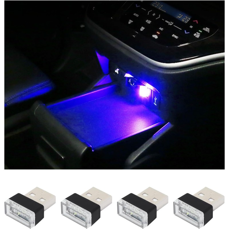 4 PCS USB LED Car Interior Atmosphere Lamp, Plug-in USB Decor Night Light, Portable Auto Ambient Lighting Kit, Universal Vehicle