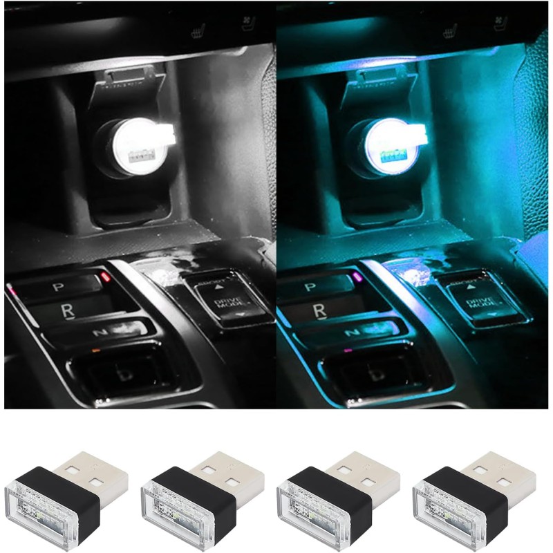 4 PCS USB LED Car Interior Atmosphere Lamp, Plug-in USB Decor Night Light, Portable Auto Ambient Lighting Kit, Universal Vehicle