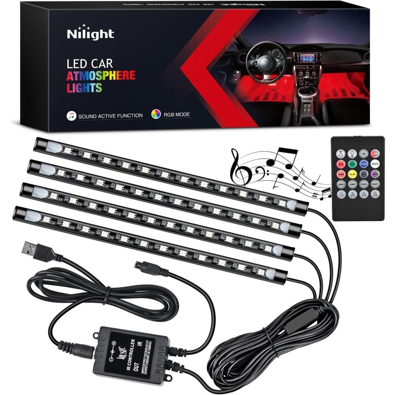 Nilight 48 LEDs DC 5V Multicolor Music Car Strip Light Under Dash Lighting Kit with Sound Active Function and Wireless Remote