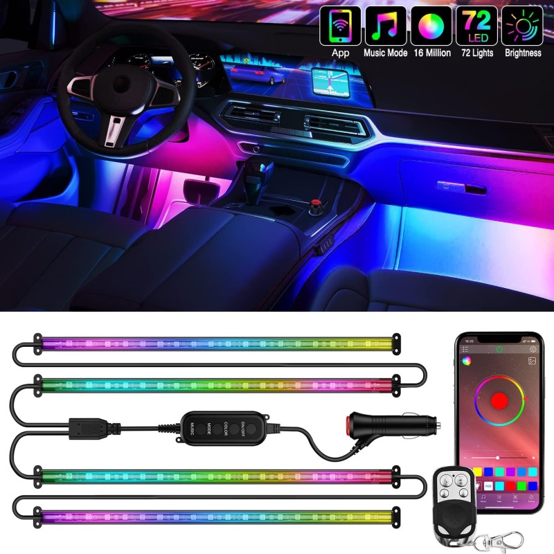 Nilight 48 LEDs DC 5V Multicolor Music Car Strip Light Under Dash Lighting Kit with Sound Active Function and Wireless Remote
