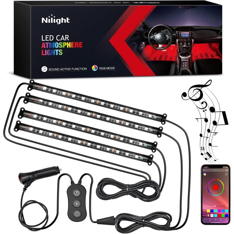 Nilight 48 LEDs DC 5V Multicolor Music Car Strip Light Under Dash Lighting Kit with Sound Active Function and Wireless Remote