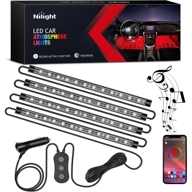 Nilight - TR-06 4PCS 48 LED Interior Lights DC 12V Multicolor Music Car Strip Light Under Dash Lighting Kit with Sound Active