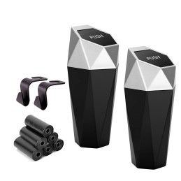 Ginsco Car Cup Holder Trash Can, Leakproof Mini Trash with Lid and 90 Bags, 2 Pack for Car and Home with 2 ABS Hooks, Black