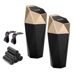 Ginsco Car Cup Holder Trash Can, Leakproof Mini Trash with Lid and 90 Bags, 2 Pack for Car and Home with 2 ABS Hooks, Black
