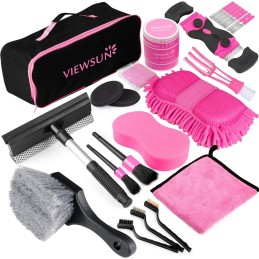 Viewsun 17pcs Car Cleaning Kit, Pink Car Interior Detailing Kit with High Power Handheld Vacuum, Detailing Brush Set, Windshield