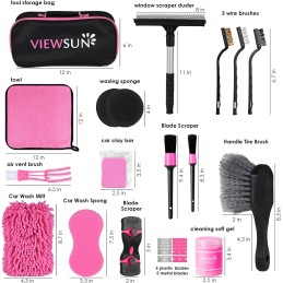 Viewsun 17pcs Car Cleaning Kit, Pink Car Interior Detailing Kit with High Power Handheld Vacuum, Detailing Brush Set, Windshield