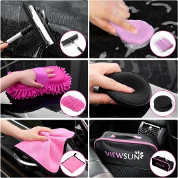 Viewsun 17pcs Car Cleaning Kit, Pink Car Interior Detailing Kit with High Power Handheld Vacuum, Detailing Brush Set, Windshield