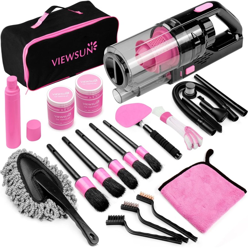 Viewsun 17pcs Car Cleaning Kit, Pink Car Interior Detailing Kit with High Power Handheld Vacuum, Detailing Brush Set, Windshield