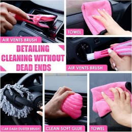 Viewsun 17pcs Car Cleaning Kit, Pink Car Interior Detailing Kit with High Power Handheld Vacuum, Detailing Brush Set, Windshield