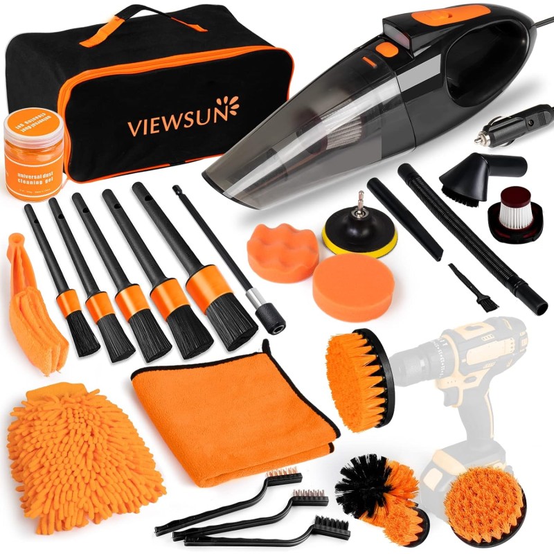 Viewsun 17pcs Car Cleaning Kit, Pink Car Interior Detailing Kit with High Power Handheld Vacuum, Detailing Brush Set, Windshield