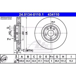 2x ATE Bremsscheibe 24.0134-0110.1 für Touareg (CR7) 57,1mm 151,3mm 349,0mm