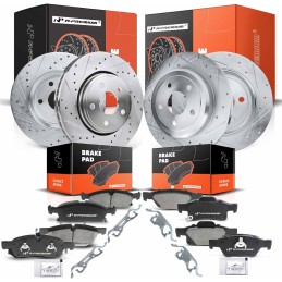 A-Premium Front and Rear Drilled and Slotted Disc Brake Rotors + Ceramic Pads Kit Compatible with Select Dodge and Jeep Models -