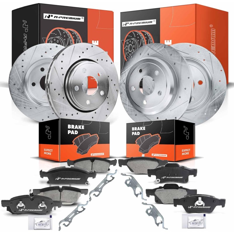 A-Premium Front and Rear Drilled and Slotted Disc Brake Rotors + Ceramic Pads Kit Compatible with Select Dodge and Jeep Models -