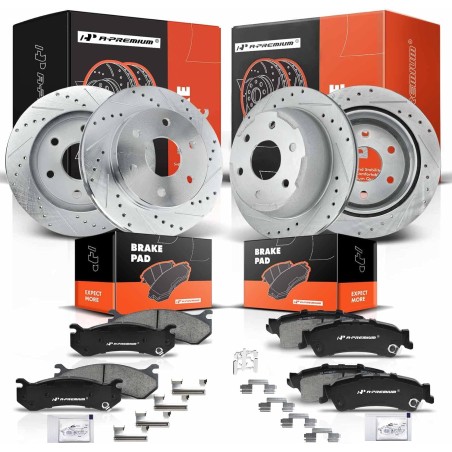 A-Premium Front & Rear Drilled and Slotted Disc Brake Rotors + Ceramic Pads Kit Compatible with Select Chevrolet and GMC Models