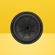 Front view of KICKER CompR 10 inch Subwoofer on two-tone yellow background