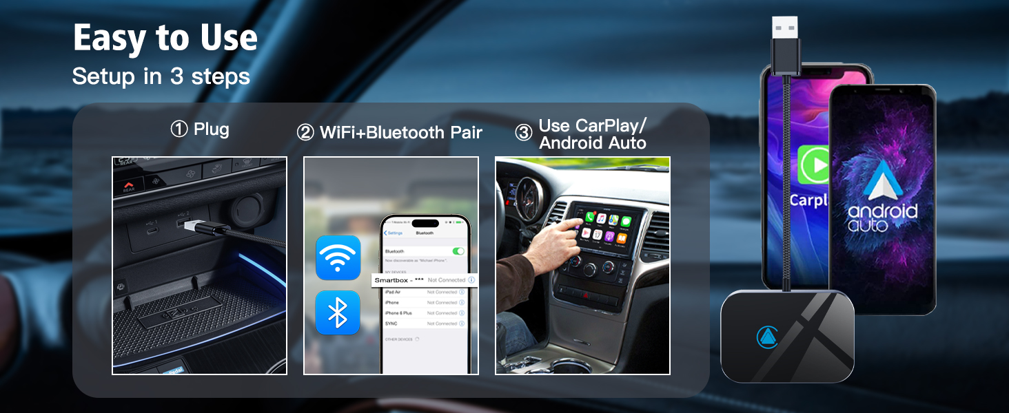 AXIDI wireless carplay adapter & android auto wireless adapter can be used in just three steps