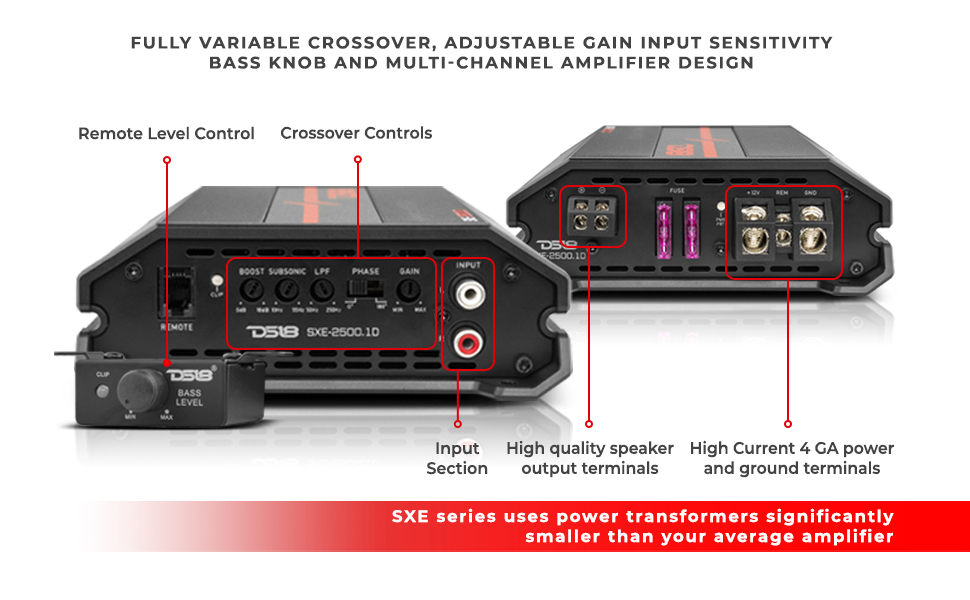 DS18 SXE-2500.1D/RD Car Amplifier Class D 1-Channel Monoblock Amp