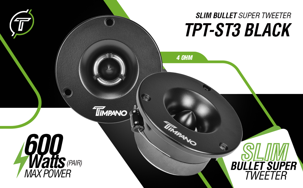 infographic with a pair of timpano speakers model tpt-st3 black sleek shallow design