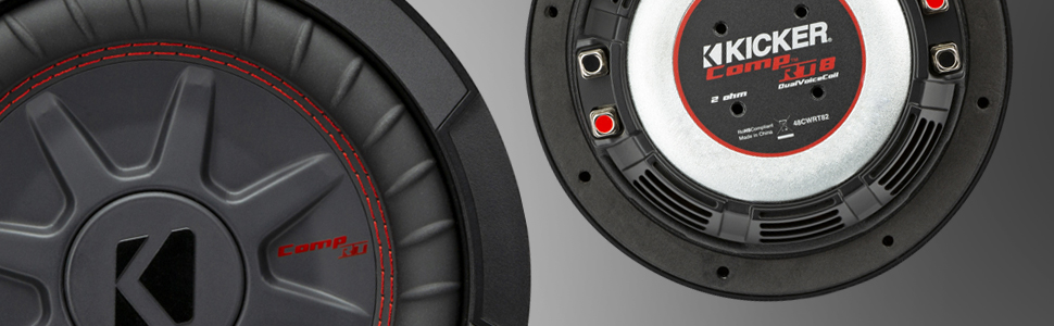 Two KICKER CompRT Subwoofers front and back showing red stitching, venting, terminals, surround etc.